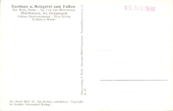 Postcard Mühlhausen im Täle Württemberg, aerial photograph, inn and butcher shop zum Falken