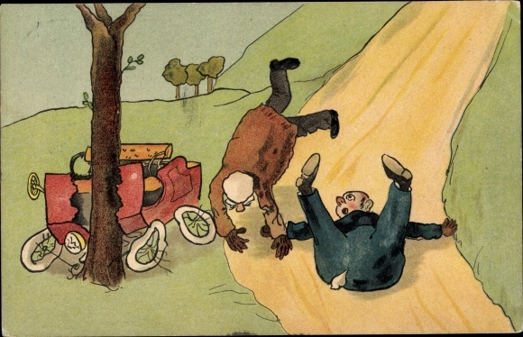 Postcard traffic accident, car hit tree, road, driver