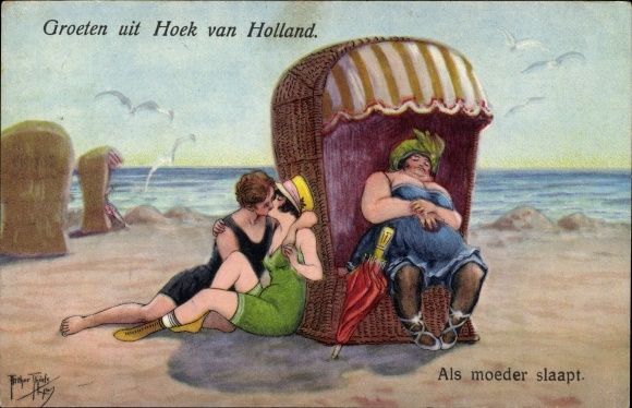 Artist Postcard Thiele, Arthur, Hoek van Holland, When mother sleeps, Liebespaar am Strand