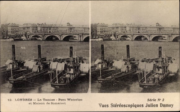 Stereo Ak London City England, The Thames, Waterloo Bridge, Somerset House