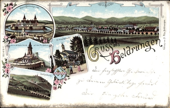 Litho Heldrungen im Kyffhäuserkreis Thüringen, Kaiser Wilhelm Denkmal auf Kyffhäuser, Ortsansicht