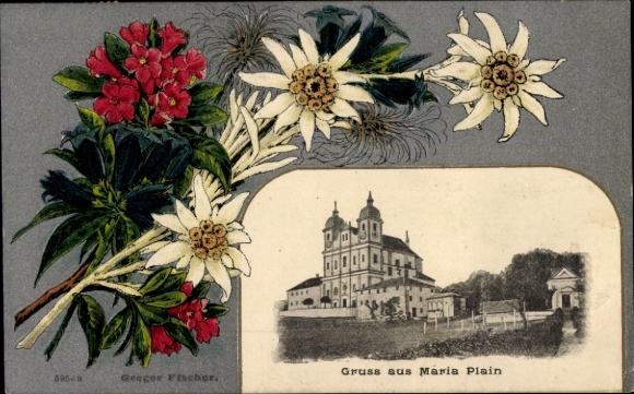 Embossed Passepartout Postcard Maria Plain Bergheim in Salzburg, pilgrimage church, gentian, edelweiss