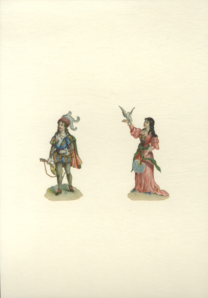 2 opłatki Młoda kobieta z gołębiem, mężczyzna w kapeluszu z piórem i gitarą, każdy ok. 9 x 4,5 cm