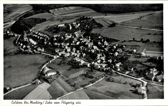 Postcard Caldern Lahntal near Marburg, aerial view of Caldeen, typical German landscape, residential buildings