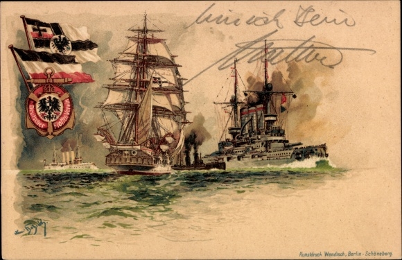 Wappen Künstler Litho Bohrdt, Hans, Segelschiff, Kriegsschiff, Deutscher Flottenverein