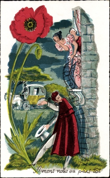 Artist Postcard Love couple, man under a balcony, poppy blossom
