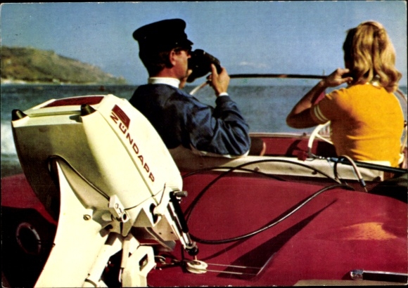 Postcard couple in motorboat, advertising Zündapp 5 HP boat engine of the highest class