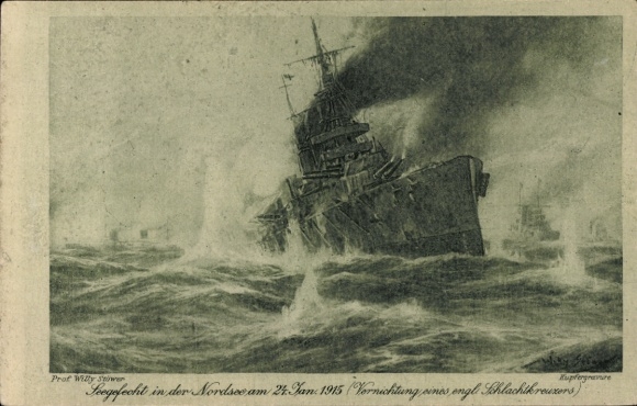 Artist Postcard Stöwer, Willy, naval battle in the North Sea 24 January 1915, English battlecruiser