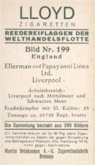 Zbiorcze zdjęcie flag firm żeglugowych Światowej Floty Handlowej nr 199, Ellerman i Papayanni Lines Liverpool