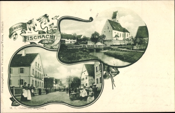 Postcard Fischach in Swabia, street section, inn, bridge