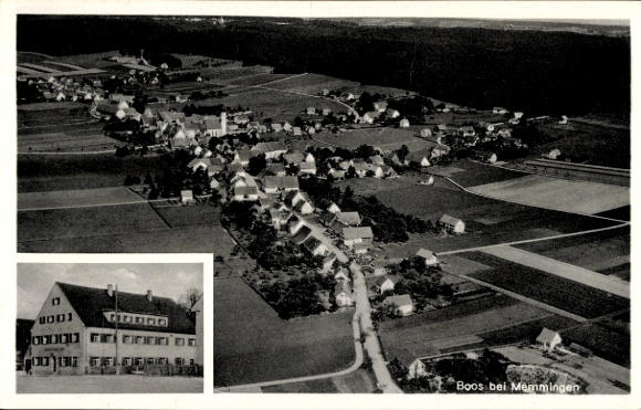 Postcard Boos (near Memmingen) in Swabia, aerial photograph, Gasthaus z. Hirsch A. Urban