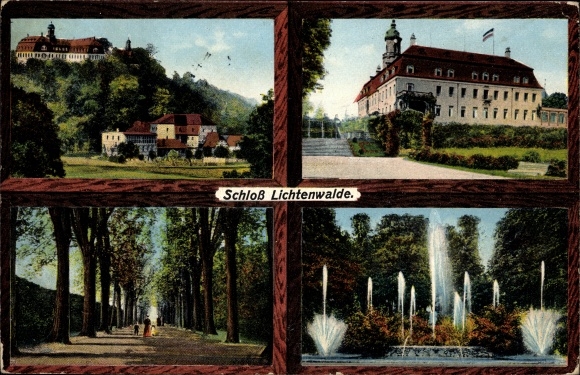 Ak Lichtenwalde Niederwiesa im Kreis Mittelsachsen, Schloss, Fontäne, Parkanlagen