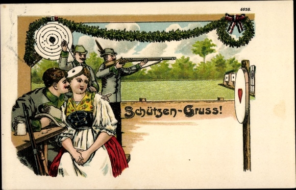 Chromo-Litho protect greeting, shooter shooting, target, woman in costume, lovers