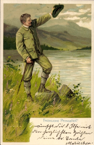 Künstler Litho Mailick, Glückwunsch Pfingsten, Mann am Fluss