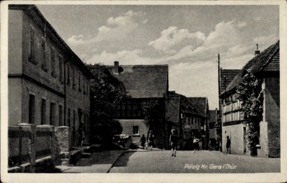 Postcard Pölzig in Thuringia, village street with half-timbered houses