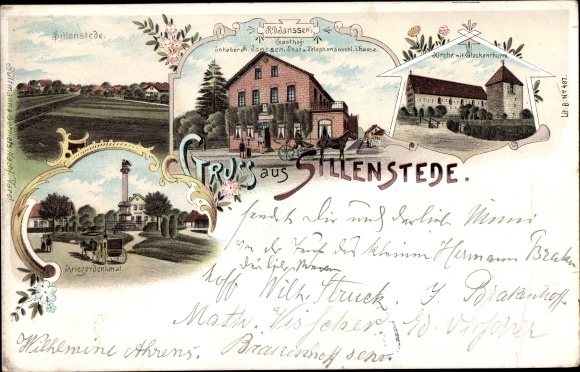 Chromo-Litho Sillenstede Schortens, Gasthof Janssen, church, bell tower, war memorial
