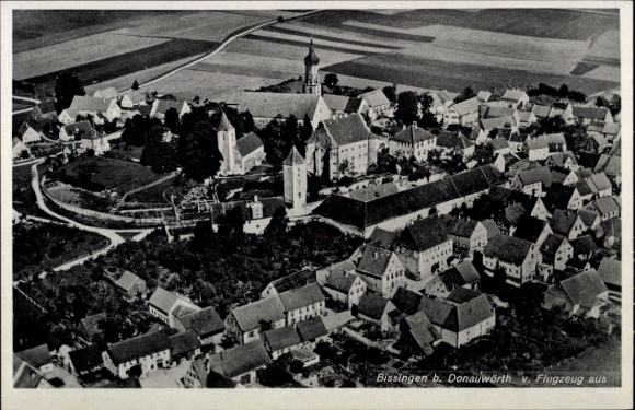 Postcard Bissingen in Swabia Bavaria, aerial photograph, church, building, residential building, landscape
