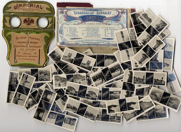 Imperial stereo advertising viewer Stereoscope NPG with 46 stereo photographs around 1900