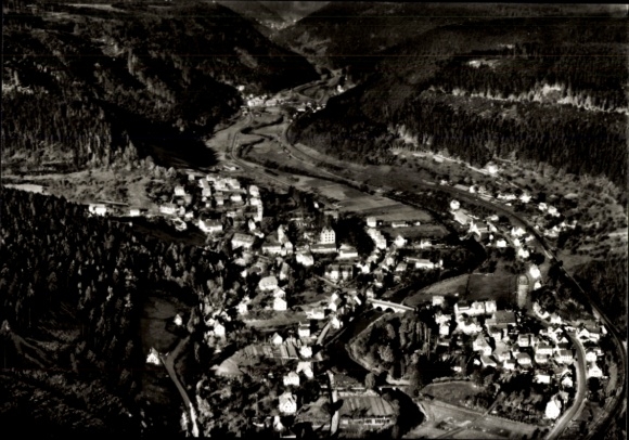 Postcard Hirsau Calw in the Black Forest, aerial view of Hirsau, Black Forest, residential buildings, river