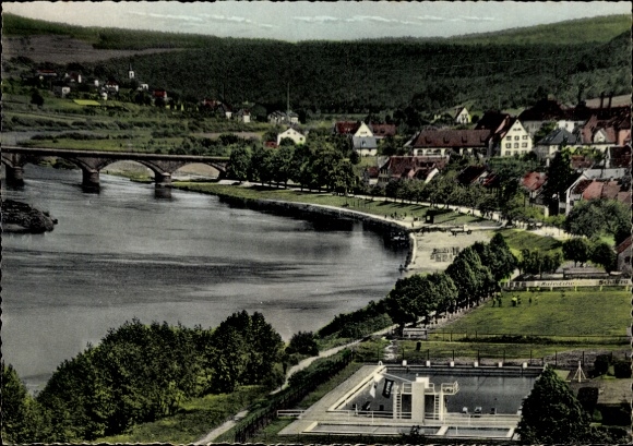 Postcard Marktheidenfeld am Main Lower Franconia, panorama, swimming pool, bridge