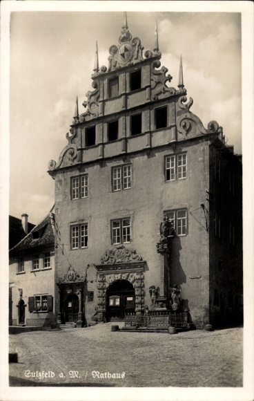 Postcard Sulzfeld, town hall, portal, square