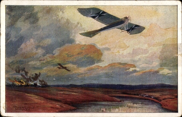 Artist Postcard Schulze, Hans Rudolf, Military pigeon on reconnaissance flight near the Masurian Lakes, I. WK