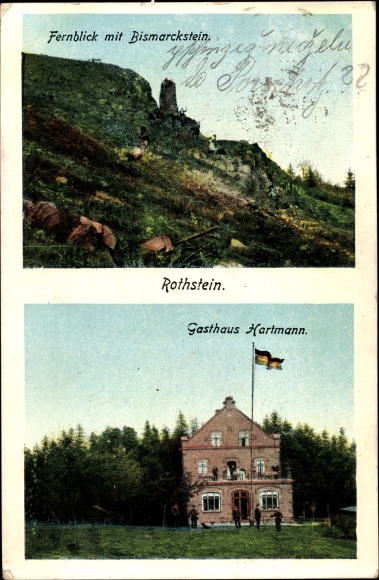 Ak Rothstein Rotstein Reichenbach in der Oberlausitz, Fernblick m. Bismarckstein, Gasthof Hartmann