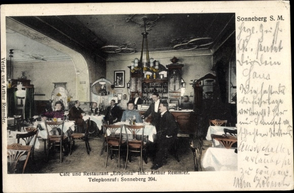 Postcard Sonneberg in Thuringia, Cafe and Restaurant Erbprinz, interior view, waiter