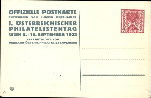 Postwaardestuk kunstenaarsbriefkaart Hesshaimer, I. Oostenrijkse Filatelistendag 1922 Wenen, PP 94