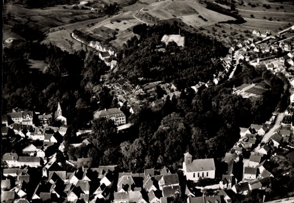 Postcard Birkenau in the Odenwald Hesse, aerial view of Birkenau, village view, hill with castle, Wei
