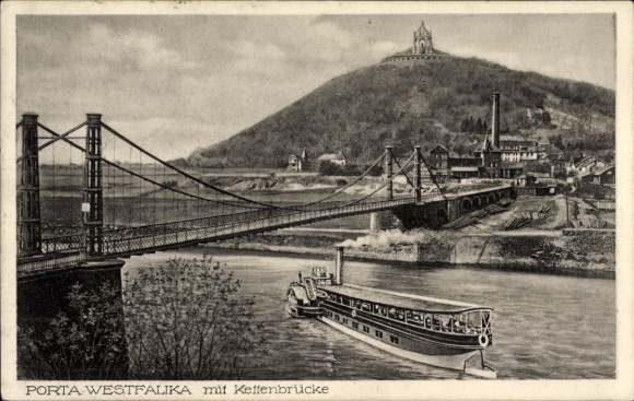 Ak Porta Westfalica aan de Wezer, brug, rivier, stoomschip, industrieel gebouw, heuvel, uitkijkpunt
