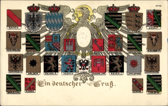 Embossed Coat of Arms Chromo-Litho A German Salute, Kaiser Wilhelm II, Anhalt, Saxony, Hamburg, Bavaria
