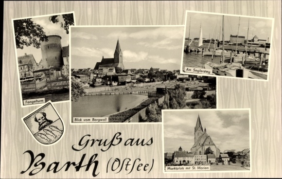 Postcard Barth on the Baltic Sea, Fangelturm, Seglersteg, market square, St. Marien, Borgwall, coat of arms