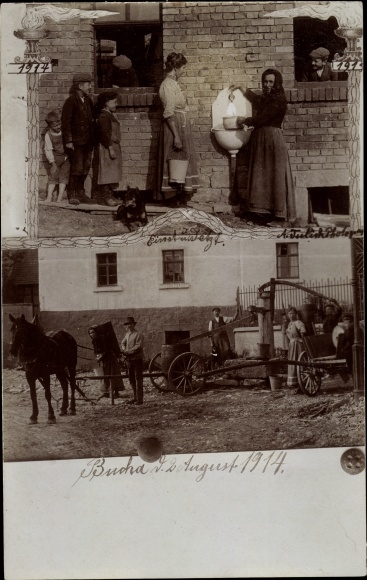 Photo Bucha Saale Holzland district, residents at the well and with water pump 1914