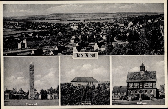 Ak Bad Vilbel in Hessen, panorama van de plaats, gedenkteken, Kurhaus, stadhuis