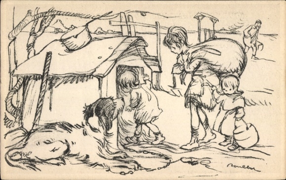 Artist Postcard Poulbot, Francisque, Children move into a doghouse