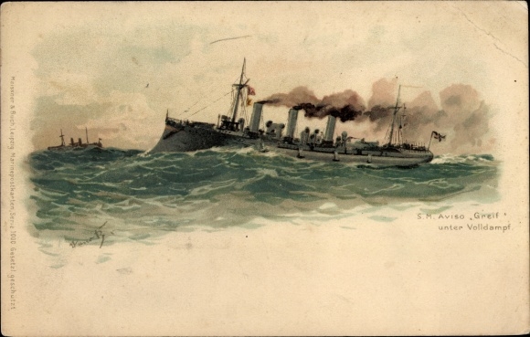 Artist Chromo-Litho Bohrdt, Hans, German warship, SMS Greif, Aviso