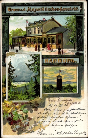 Passepartout Chromo-Litho Hamburg Harburg, inn majestic view, observation tower