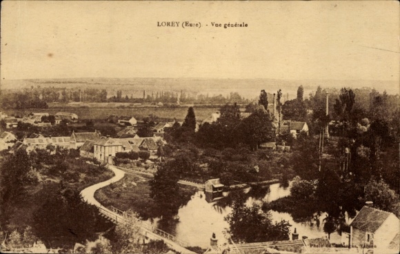 Ak Lorey Eure, Vansicht auf Lorey, Fluss, Landschaft, Gebäude, ruhige Atmosphäre