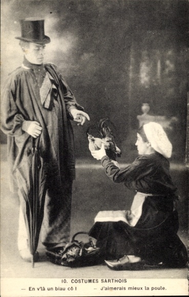 Postcard Sarthe, woman gives man a hen