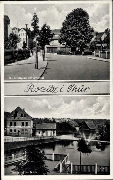 Ak Rositz Thüringen, Am Teichplan met monument, uitzicht op de vijver, brandweer