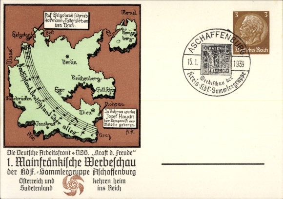 Papeteria pocztowa Aschaffenburg, 1. Mainfränkische Werbeschau 1939, grupa kolekcjonerska KdF, Deutschlandlied