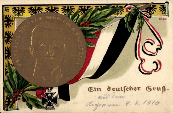 Embossed PC Friedrich Wilhelm, portrait, flag, Iron Cross