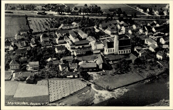 Postcard Marklkofen Lower Bavaria, aerial photography, church, houses, fields