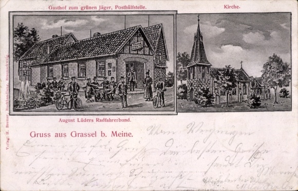 Chromo-Litho Grassel Meine in Lower Saxony, Inn to the Green Hunter, Church