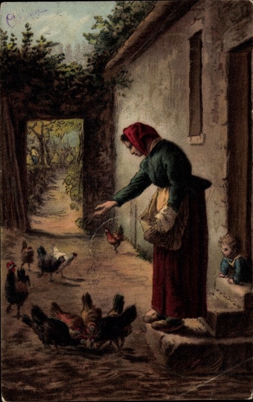 Postcard farmer's wife feeds chickens, farm, child