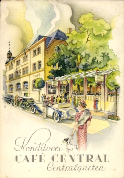 Künstler Ak Zeulenroda Thüringen, Konditorei Cafe Zental, Zentralgarten, Autos, Dame mit Hund