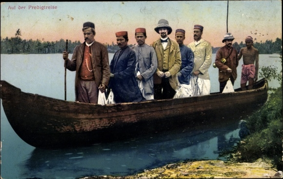 Postcard On the preaching journey, missionary in a boat, Basler Missionsbuchhandlung