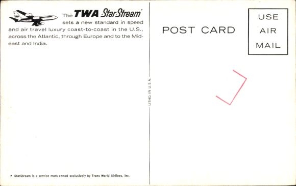 Postcard American passenger aircraft, Trans World Airlines, TWA Star Stream