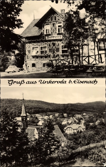 PC Unkeroda Gerstungen in Thuringia, panorama of the village, Inn Waldfrieden, exterior view